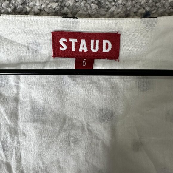 Staud Shirt Womens 6 White Black Polka Dot Sheer Mesh Sleeve Crop Top Blouse - Picture 2 of 9